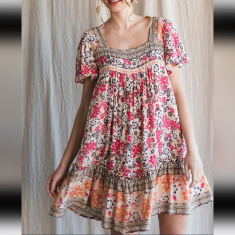 Sale🥰 Jodifl Mamacita Floral Boho Skater Dress with Pink and Orange Accents